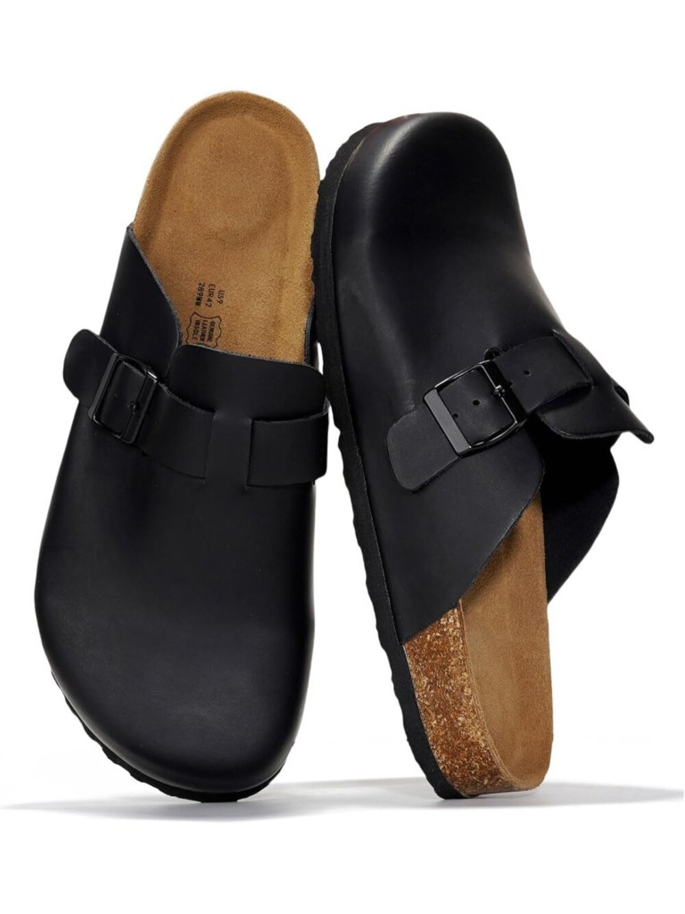 Mens Black Oiled Leather Cloud Full Grain Genuine Leather Buckle Closure Clogs